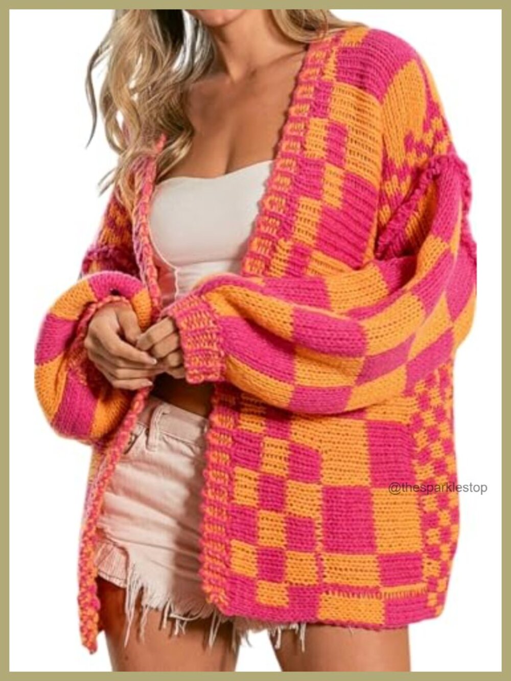 Chunky Knit Open Front Cardigan Long Sleeve Sweater Plaid Boyfriend